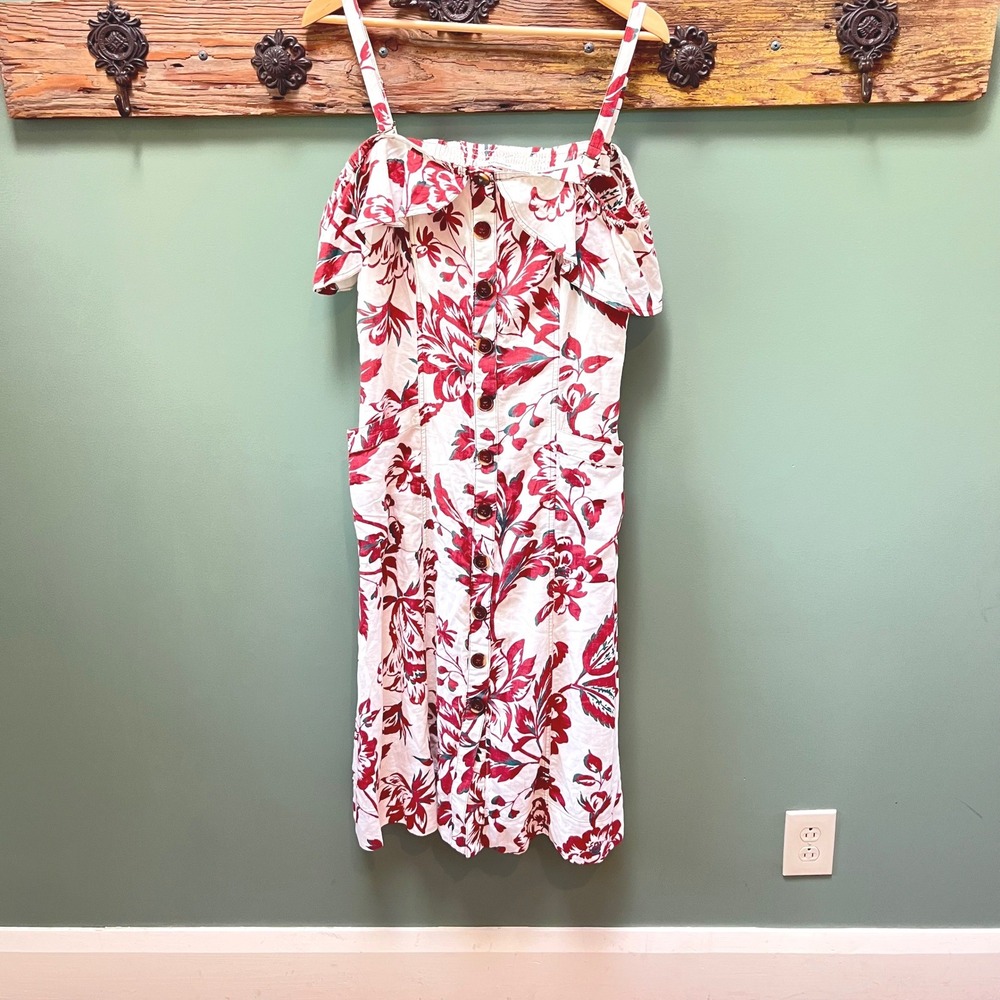 Anthropologie Oahu Floral Linen Blend Cold Shoulder Button Front Midi Dress US 8